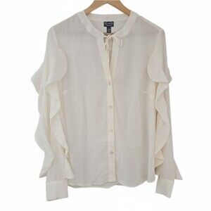 Scoop Cream Ruffle Blouse Sz  L Button Front Polished Neutral Romantic Work Top
